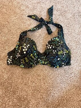 Adore Me Black Floral Underwire Swim Top with Blue and Yellow Accents